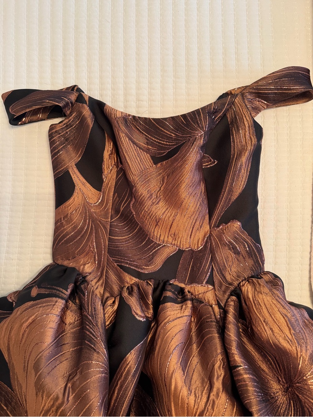 Off-Shoulder Black and Rose Gold Floral Midi Dress - Picture 4 of 8